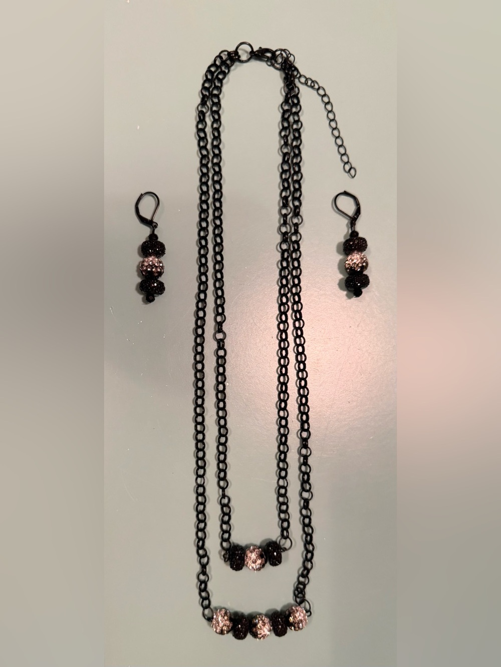 Black Double Chain & Crystal Beaded Necklace & Earrings Set
